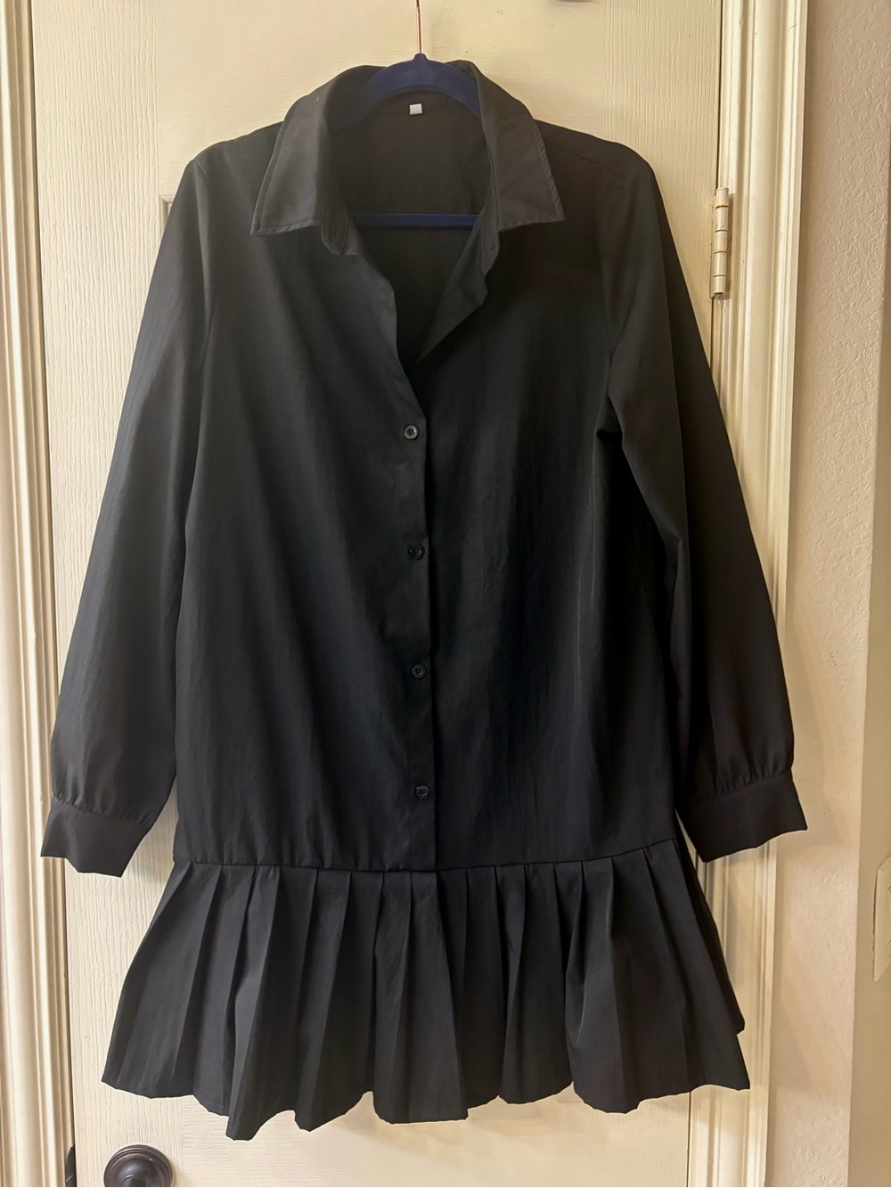 Black Pleated Hem Button-Down Dress